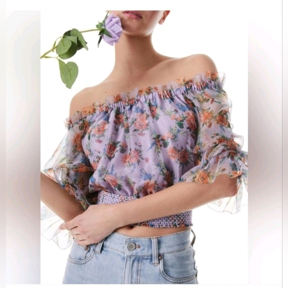 ALICE + OLIVIA Caprina Silk Puff Sleeve Off Shoulder Crop Top Size Small NWOT - Picture 5 of 15